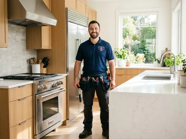 Appliance Repair Hero technician in a Baltic, CT kitchen after an appliance repair