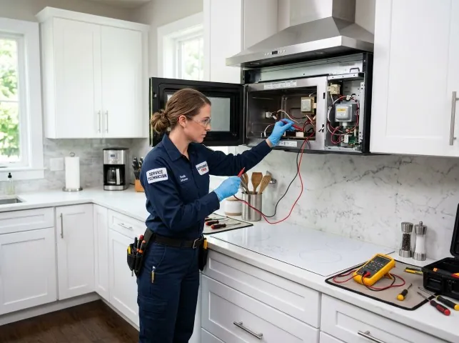 Appliance Repair Hero technician testing an over-the-range microwave in a Baltic, CT kitchen